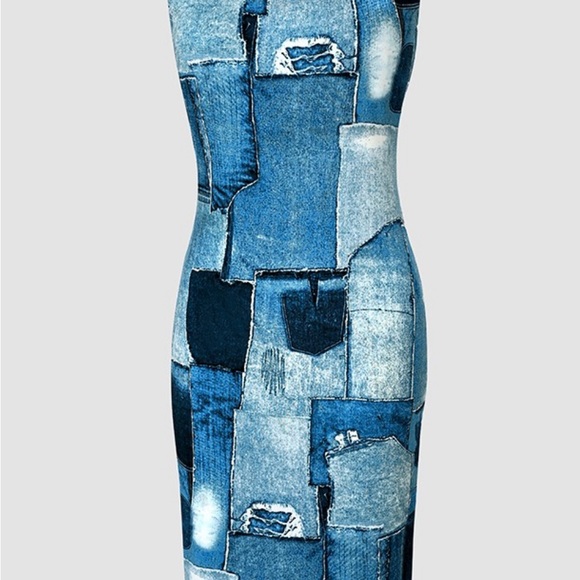 Denim Look Print Sleeveless U-Neck Bodycon Dress - Picture 4 of 4